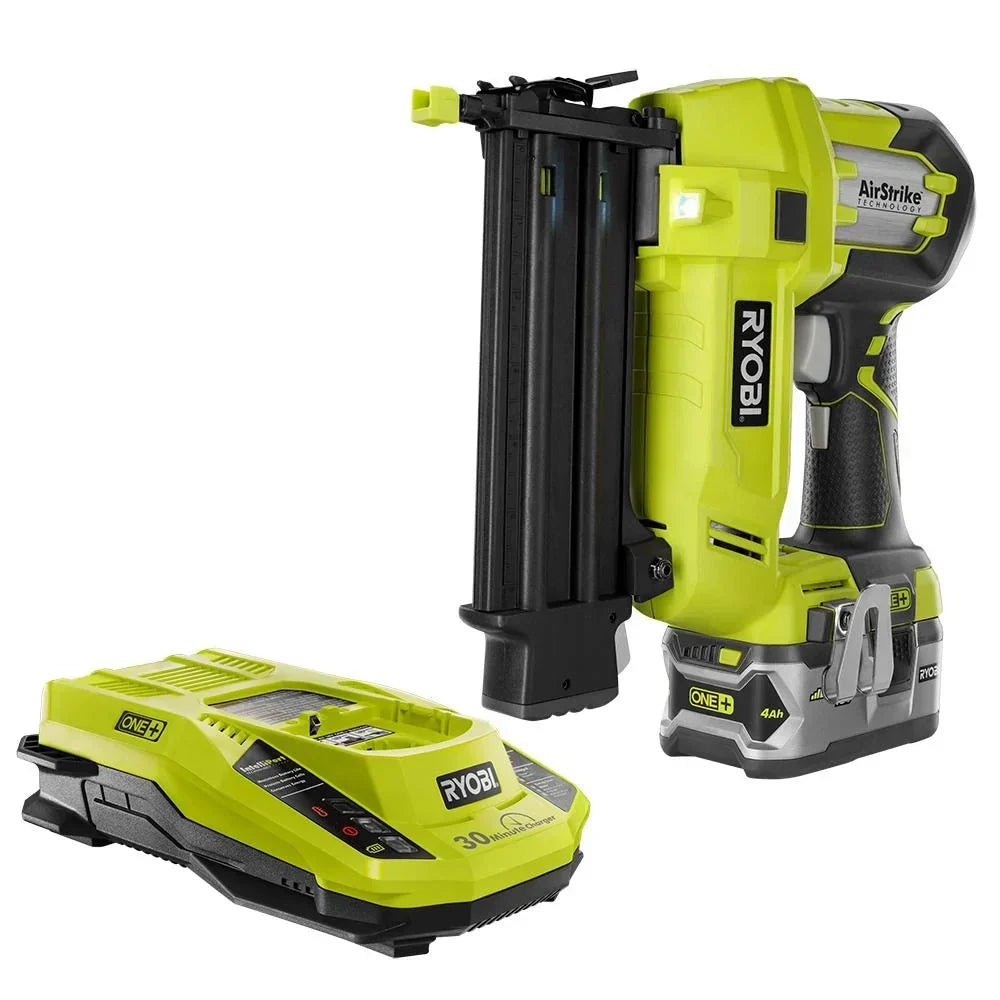 RYOBI 18V ONE+ AirStrike 18-Gauge Brad Nailer with (1) 4.0 Ah LITHIUM+ Battery and 18V Charger