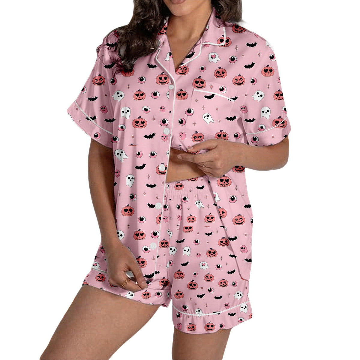 MEZZALL Women Halloween Printed Pajama With Lapel Collar Short Sleeve Tops And Shorts For Home Wear Cozy For Lightweight And Breathable Comfort Relaxed Fit 2 Piece Pjs