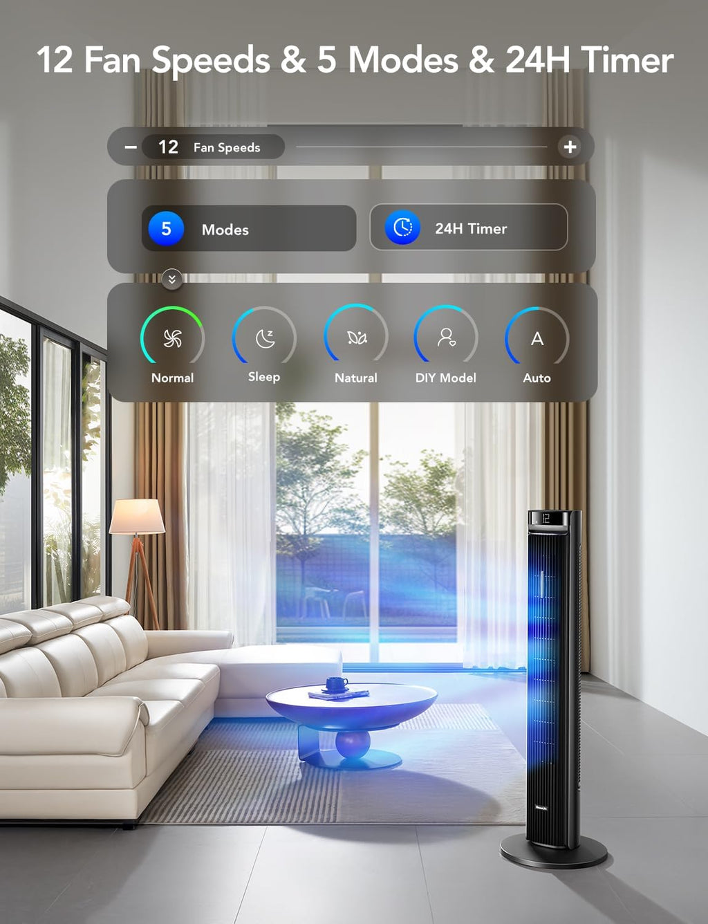 GoveeLife 42in Smart Tower Fan, 12 Speeds, 5 Modes, Black