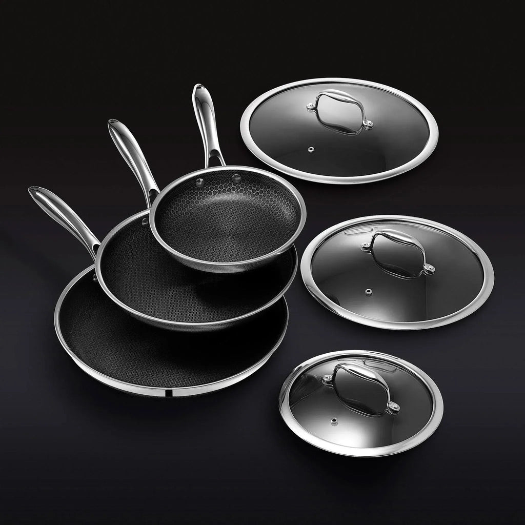 Hybrid Stainless Steel Pan Set With Glass Lids, 6-Piece, 8-Inch, 10-Inch And 12-Inch, Black