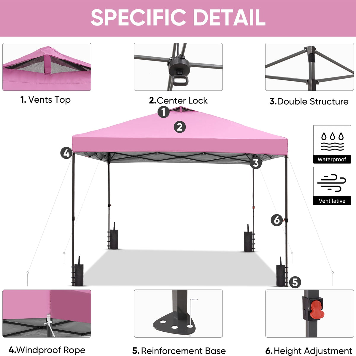 Ainfox 12'x12'Pop Up Canopy Tent Center Lock Windproof UV Shelter Wheeled Bag for Outdoor Events Parties Camping,Pink