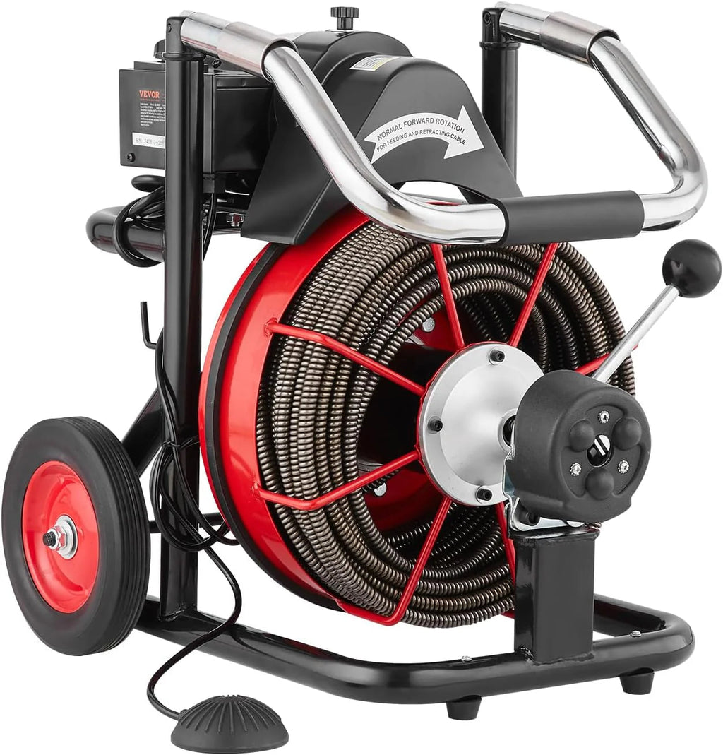 VEVOR Drain Cleaner Machine 100FT x 1/2 Inch, 550W, 8 Cutters, Red + Black