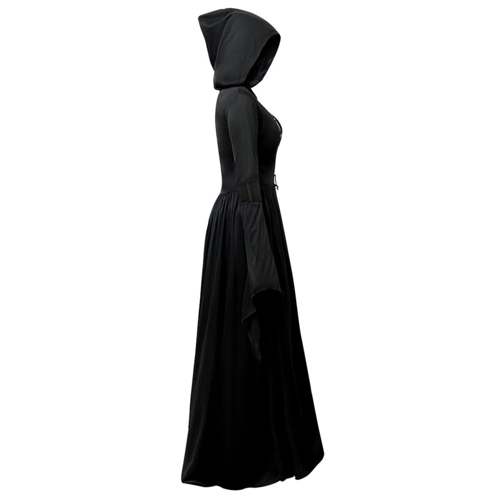 Dark Mage Hooded Robe for Women Halloween Witch Costume with Flared Sleeves & Fitted Bodice