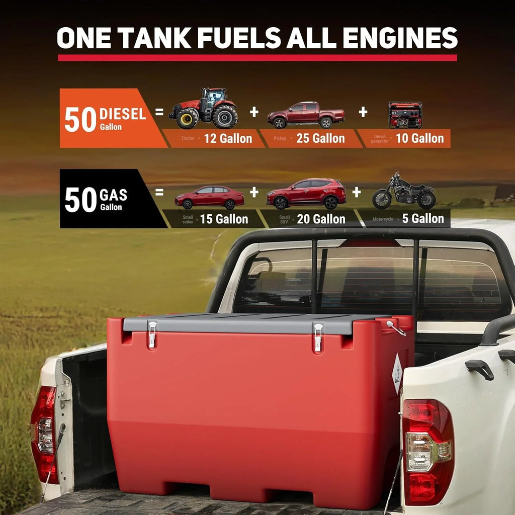 Fuel Transfer Tank, 50 Gallon, 12V DC 10.6 GPM Pump, Red
