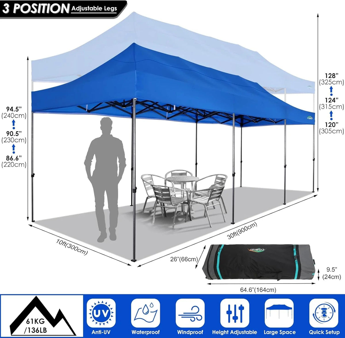 COBIZI 10x20 Heavy Duty Pop-Up Canopy Tent With 6 Sidewalls - Black