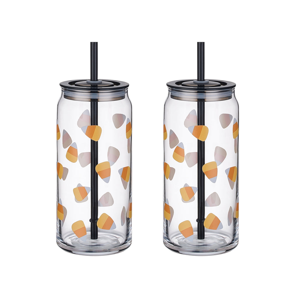 Way to Celebrate Halloween Candy Corn Glass Can Sipper Tumblers, 20 oz, 2-Pack