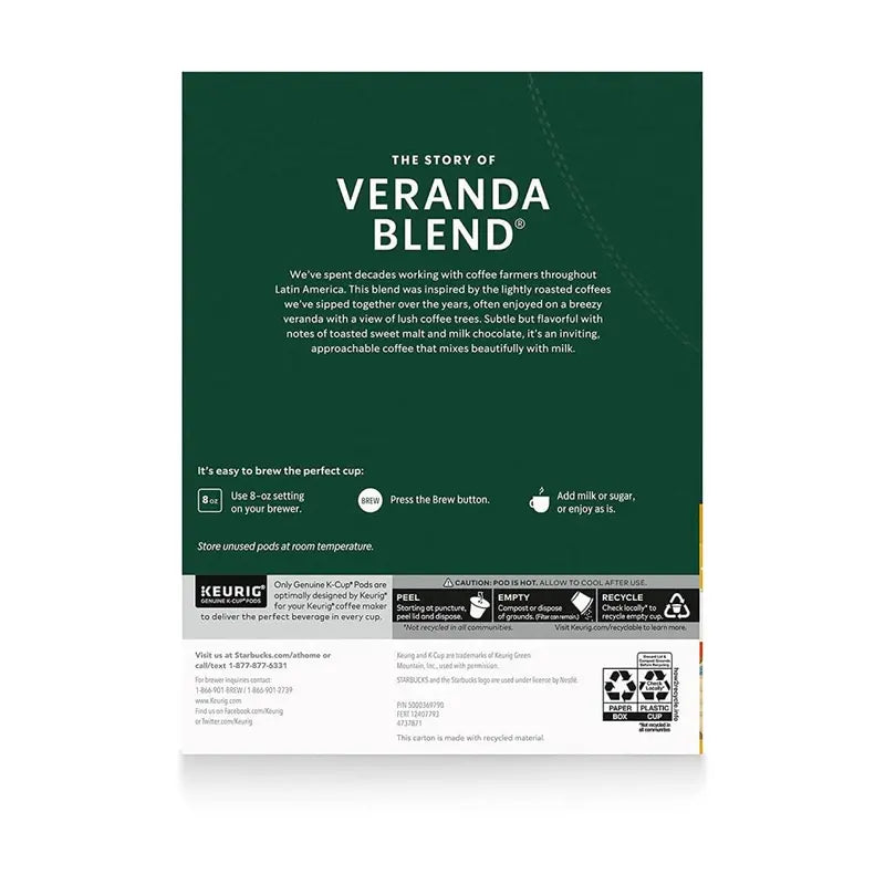 Starbucks Veranda Blend Blonde Roast K-Cup Coffee Pods, 96 Count, 100% Arabica - SBK011067986CT