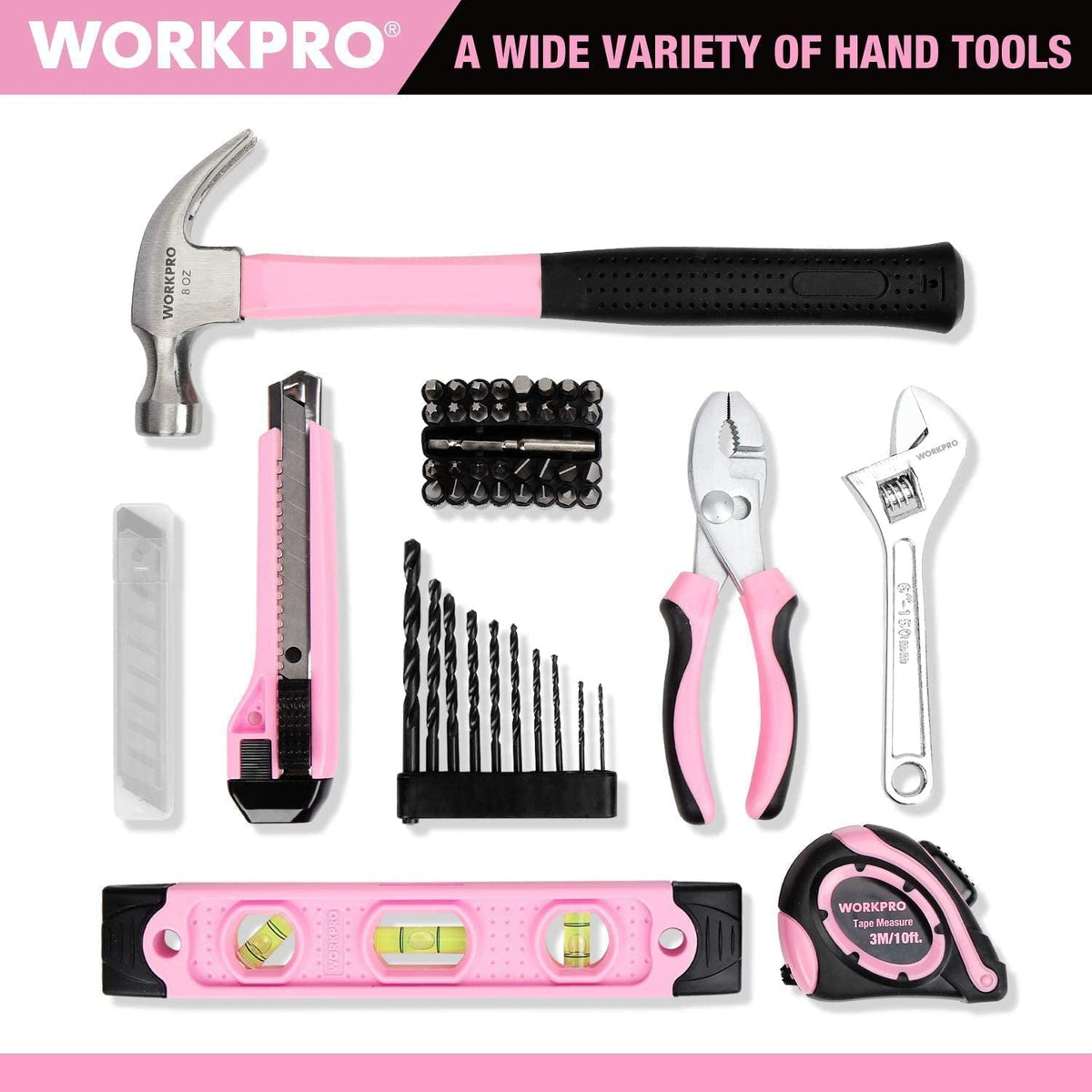 WORKPRO 12V Cordless Drill Driver Kit, Power Tool Kit for Home, 61-Piece Hand Tool Set, 14-inch Storage Bag, 1.5Ah Lithium-ion Battery & Charger
