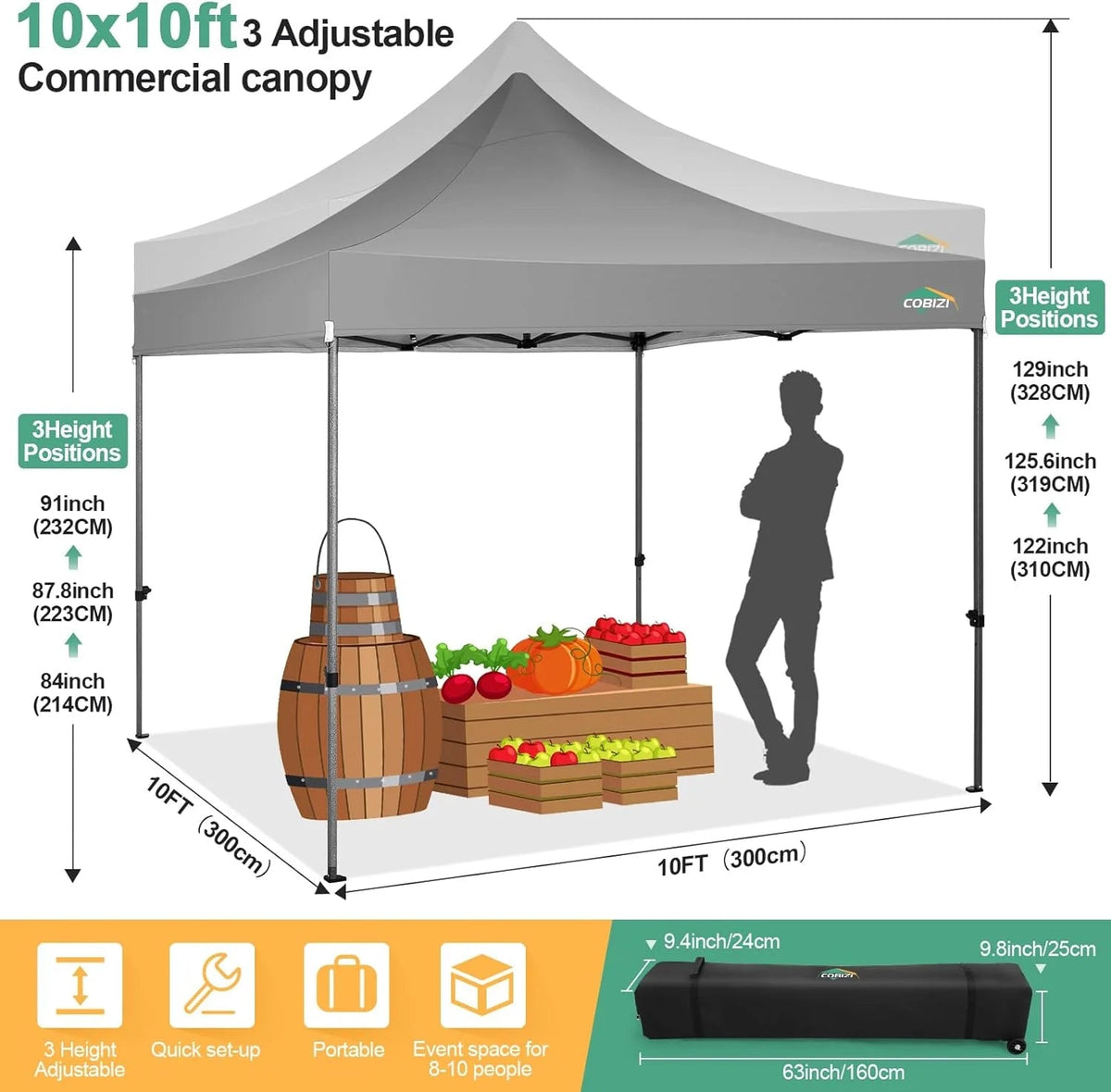 COBIZI 10x20 Heavy Duty Pop-Up Canopy Tent With 6 Sidewalls - Black