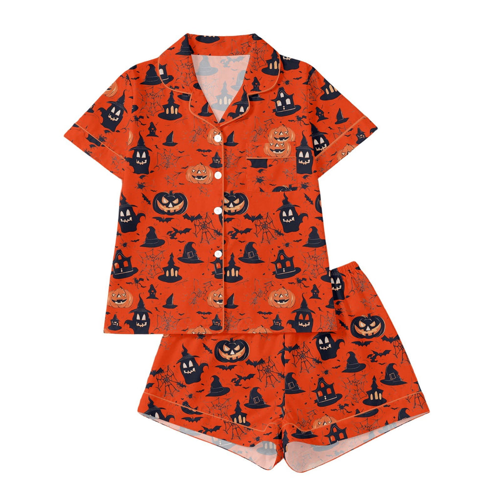 CUZIBR Girls Halloween Pajamas Sets Soft Comfortable Ghost Pumpkin Lapel Button Short Sleeve Shirt Elastic Waist Shorts 2 Pieces Sleep Loungewear Relaxed Sleepwear Outfits, Orange-C