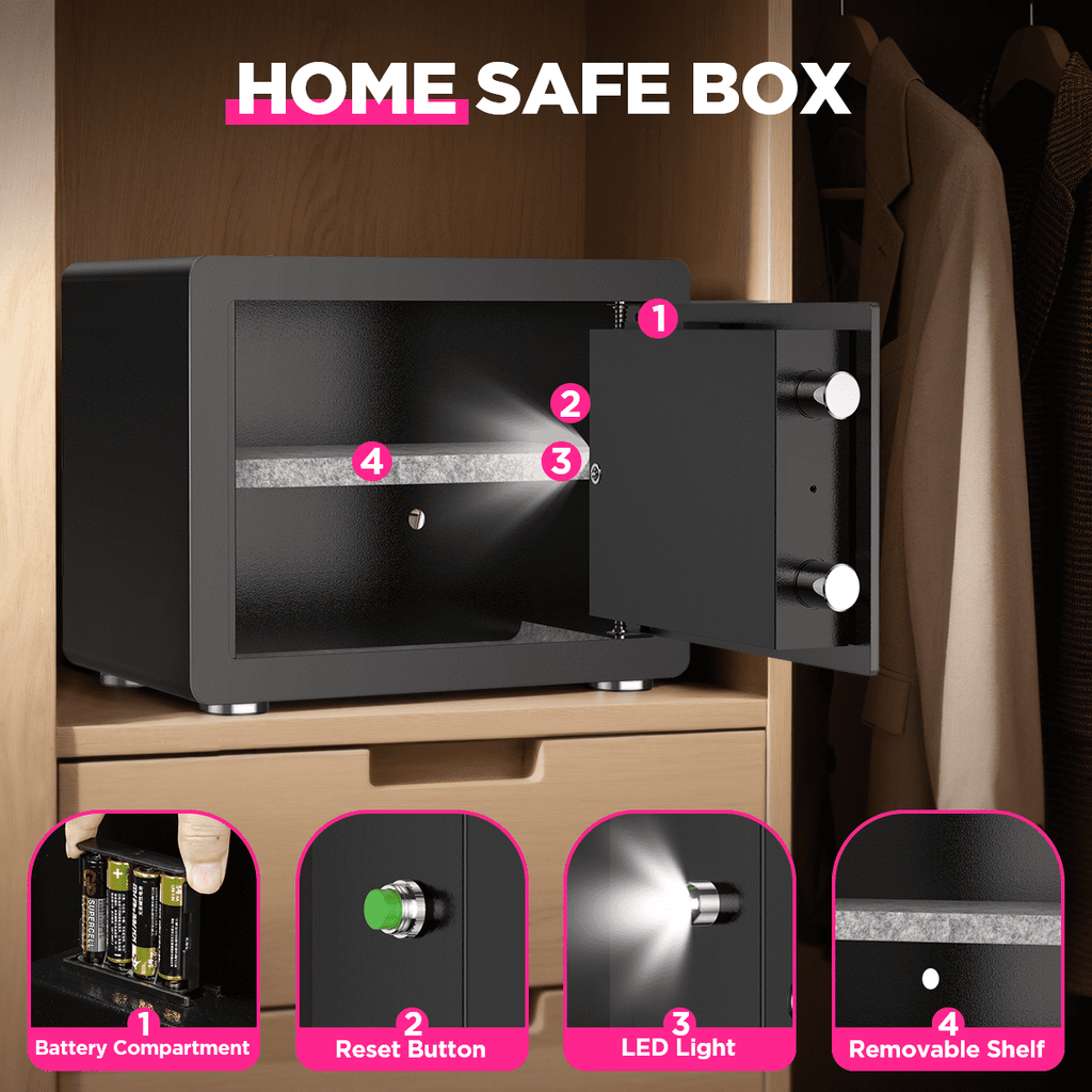 SYSENFO 1.5 Cuft Home Security Safe Box with Digital Keypad, Adjustable Shelf, Fireproof & Waterproof Bag
