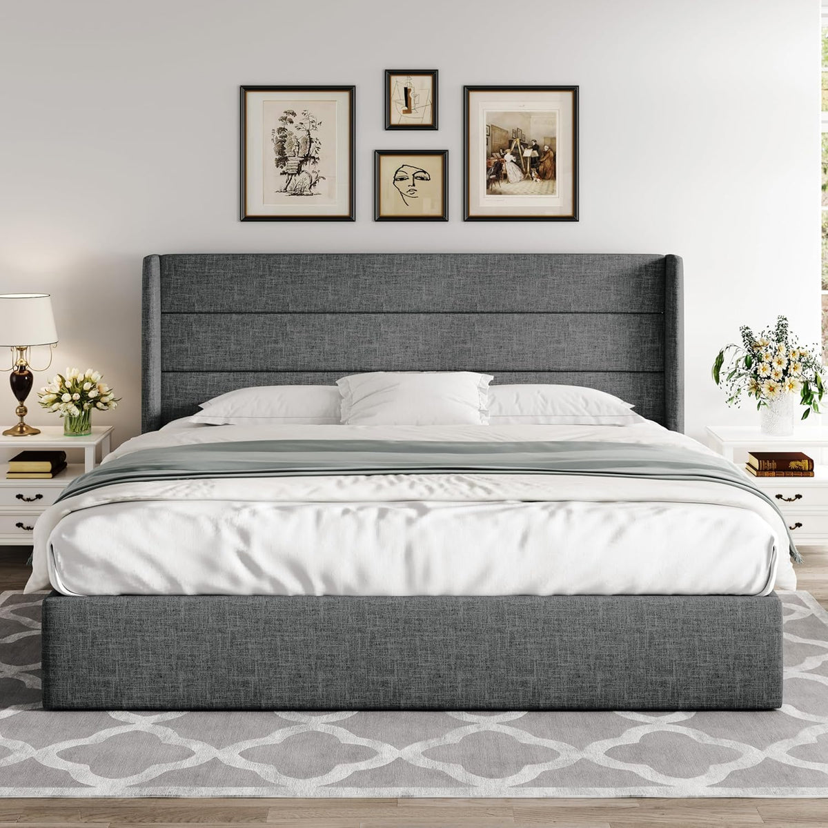 Allewie Queen Lift Up Storage Bed Frame With Wingback Headboard, Light Beige - 80.7 x 60.6 x 44.5 in