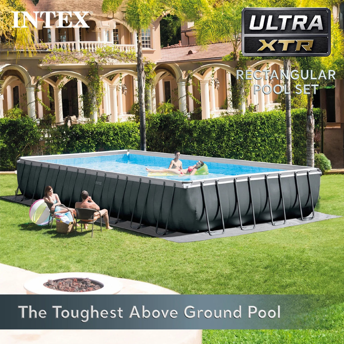 INTEX Ultra XTR Above Ground Pool 24ft x 12ft x 52in With 2 Floating Recliners And Mega Chill II Cooler