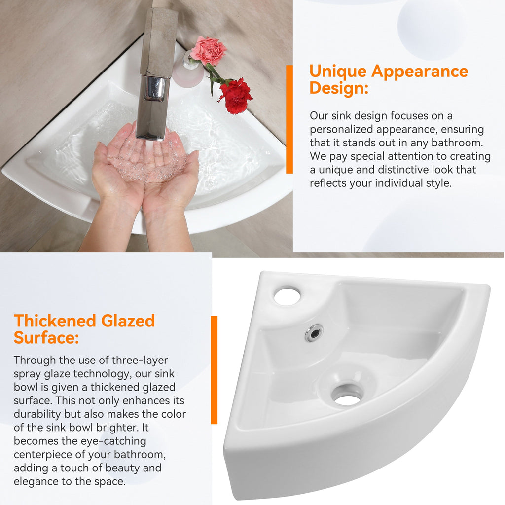 HOROW Sink Ceramic Wall Mount Bathroom Corner Small White 18"