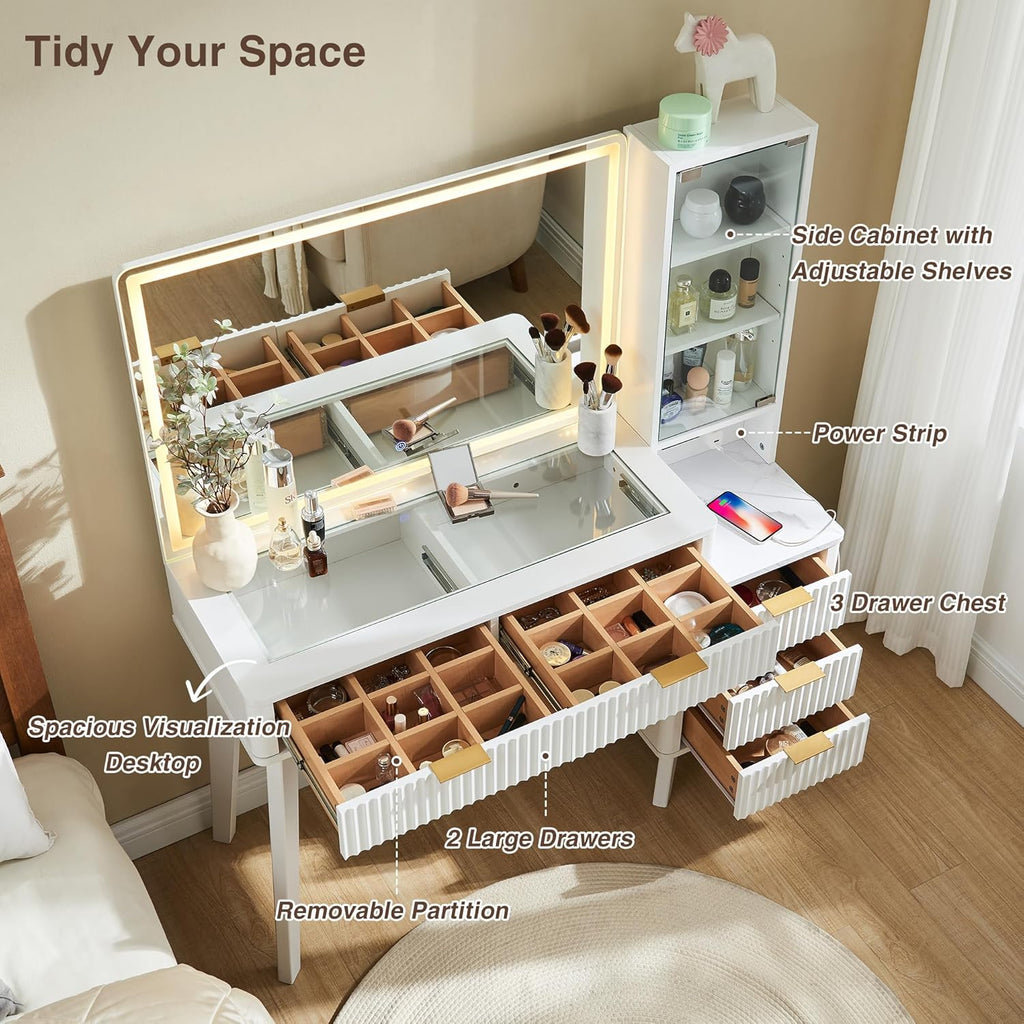 T4TREAM 48in Fluted Makeup Vanity Desk With 36in Mirror, Lights, 5 Drawers And Adjustable Shelves - White