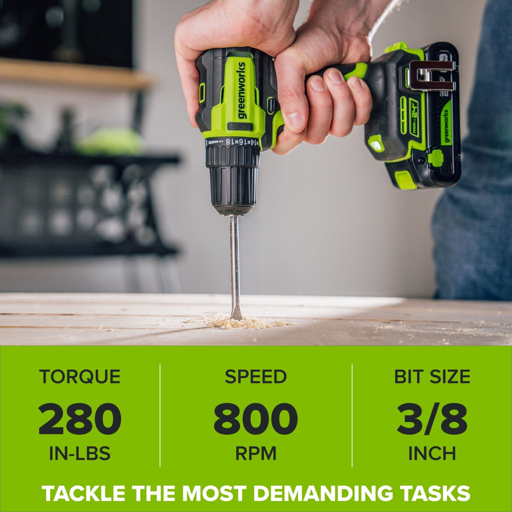 Greenworks PowerAll 24V 3/8" 280 in-lb Drill, with 2.0 Ah USB-C Battery, 30W USB-C Charger Block, 3' 100W USB-C Cable