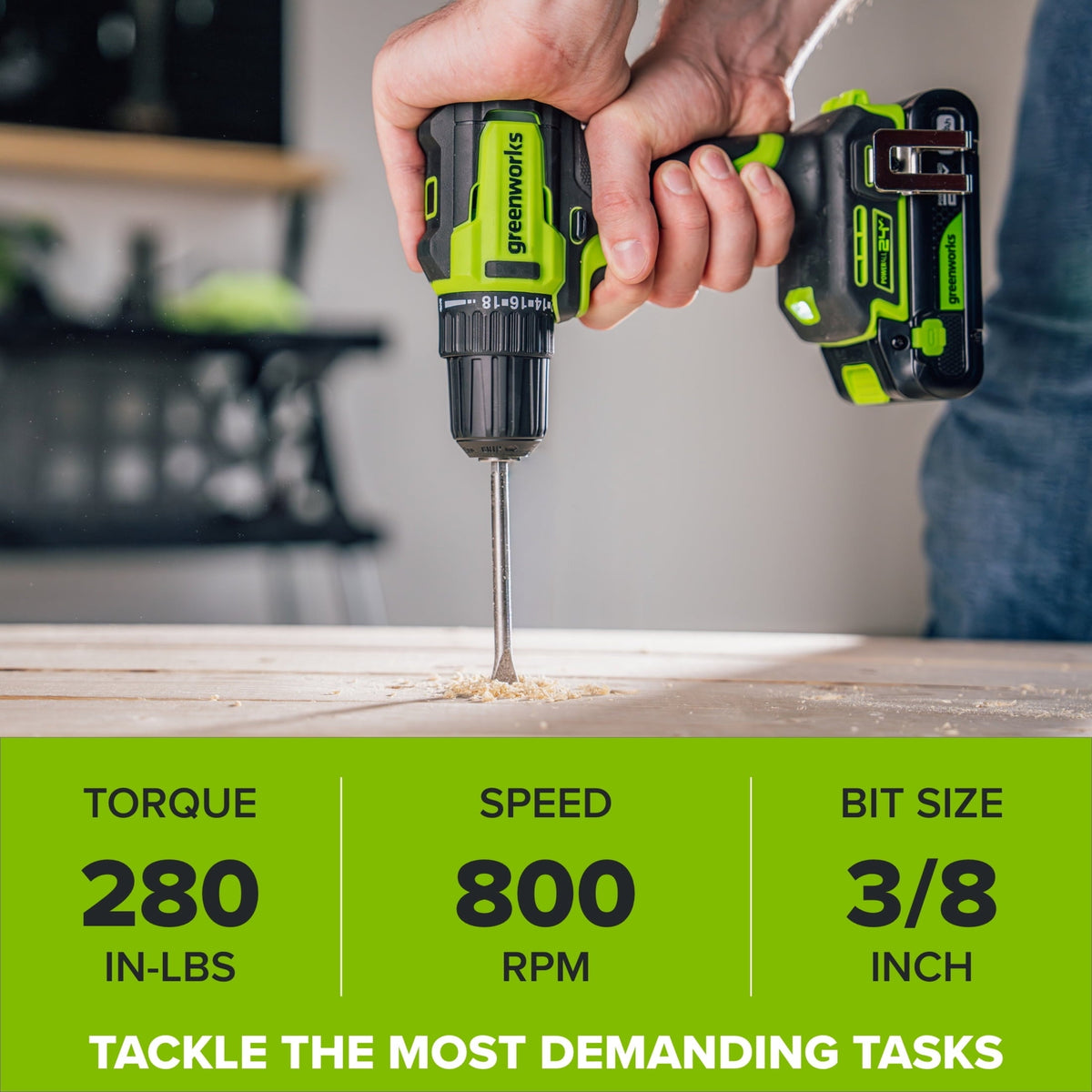 Greenworks PowerAll 24V 3/8" 280 in-lb Drill and 60 Piece Hand Tool/Accessories Project Kit, with 2.0 Ah USB-C Battery, 30W USB-C Charger Block