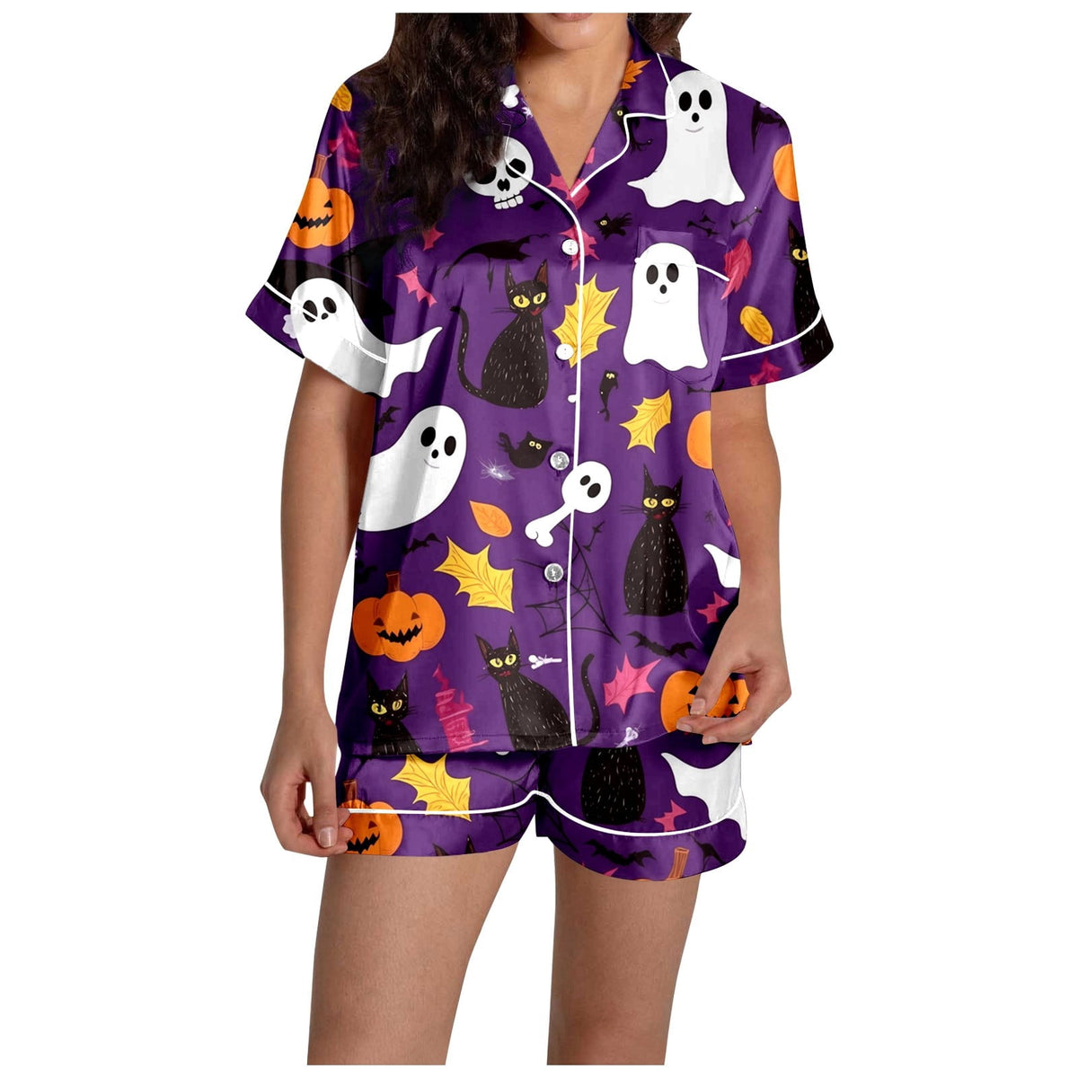 MEZZALL Women Halloween Printed Pajama With Lapel Collar Short Sleeve Tops And Shorts For Home Wear Cozy For Lightweight And Breathable Comfort Relaxed Fit 2 Piece Pjs