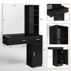 OmySalon Wall Mount Salon Station With Mirror, 1 Storage Cabinet, 2 Drawers And 3-Tier Shelf - Black