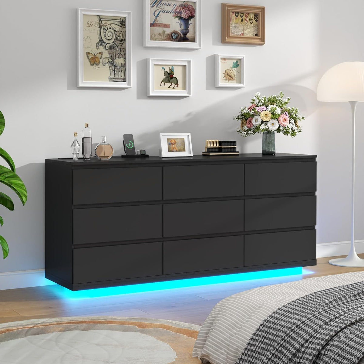 Floating Black 9-Drawer Dresser With LED Light And Power Outlet