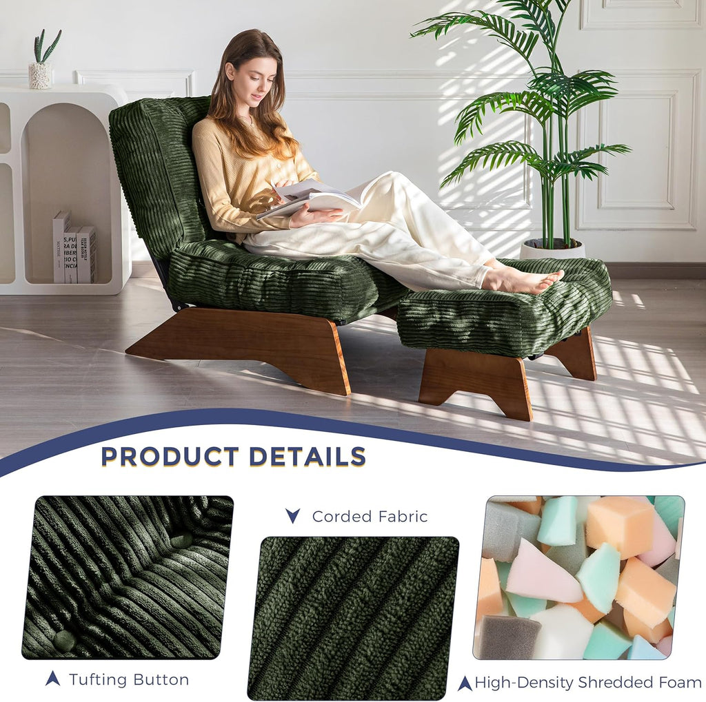 MAXYOYO Accent Chair With Ottoman, Adjustable Backrest, Corded Green, 27.1in W x 27.1in D x 15.7in H