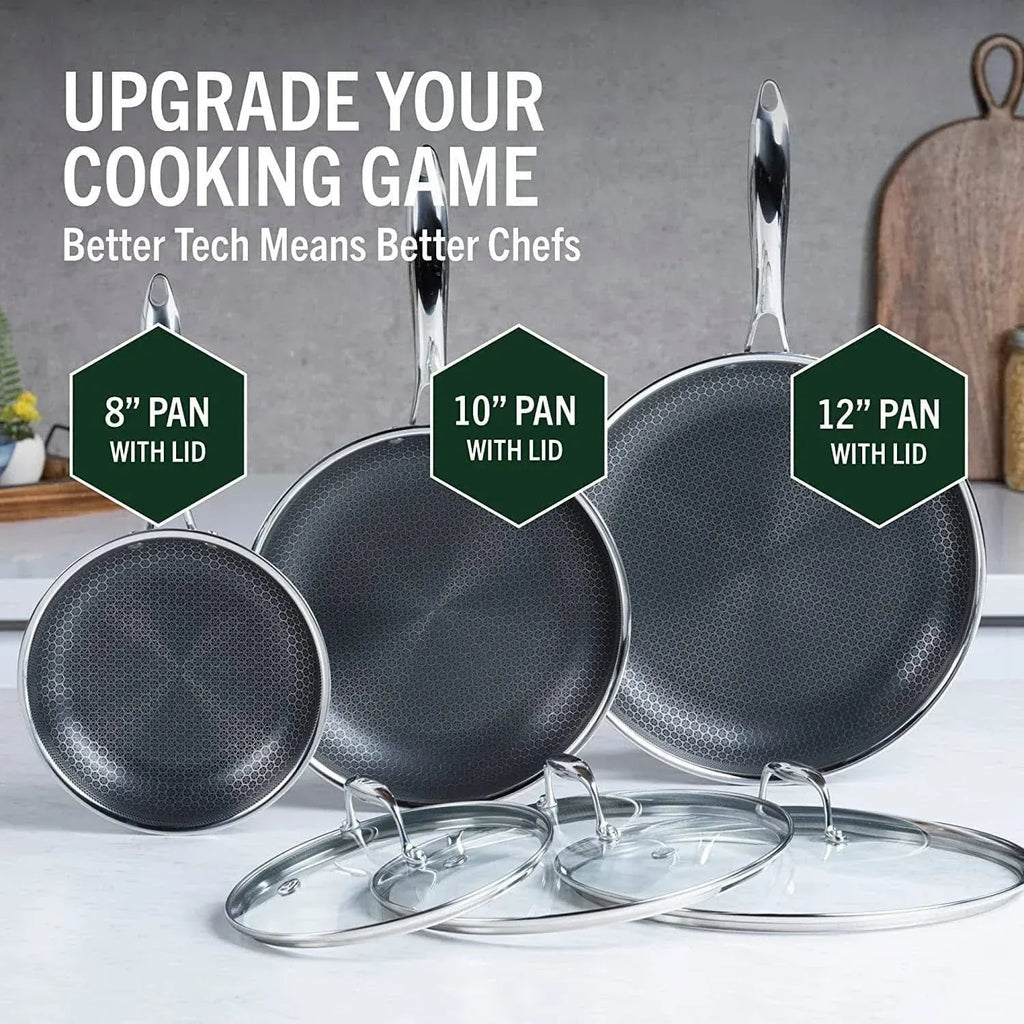 Hybrid Stainless Steel Pan Set With Glass Lids, 6-Piece, 8-Inch, 10-Inch And 12-Inch, Black