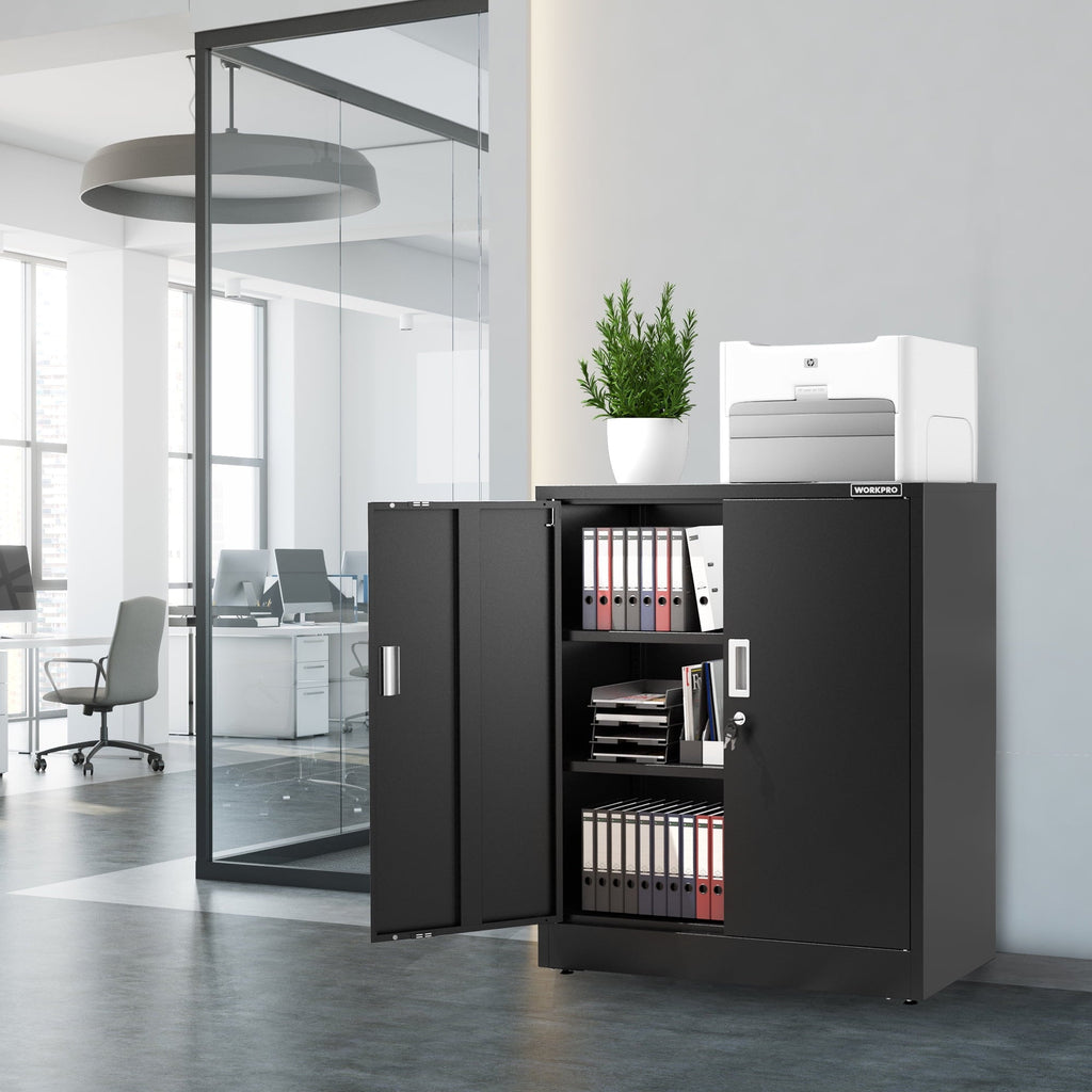 WORKPRO 37"x31.5"x15.75" Small Metal Garage Storage Cabinet with Locking Doors and 2 Adjustable Shelves, for Tools, Office, Home, Shops, Black