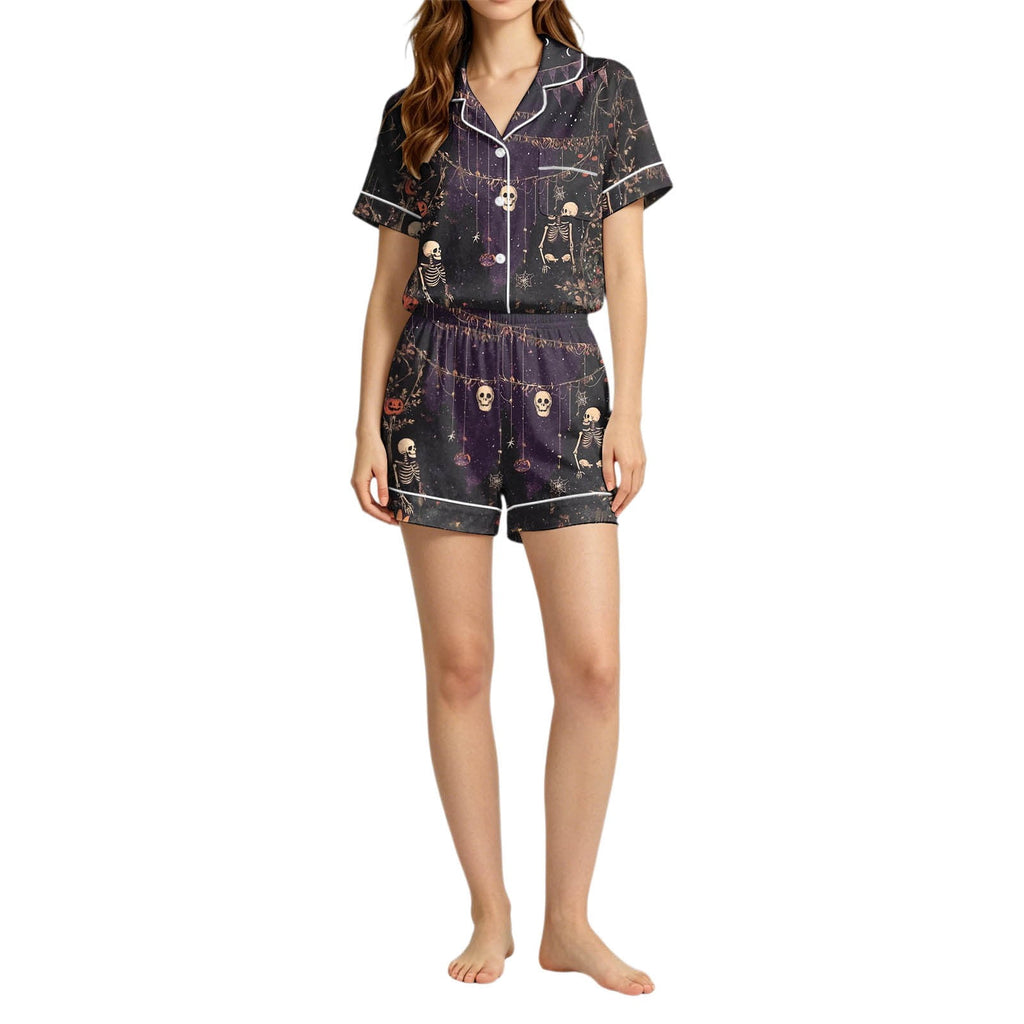 MEZZALL Women Halloween Printed Pajama With Lapel Collar Short Sleeve Tops And Shorts For Home Wear Cozy For Lightweight And Breathable Comfort Relaxed Fit 2 Piece Pjs