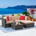 5-Piece All-Weather Wicker Patio Conversation Set With Ottoman And Cushions