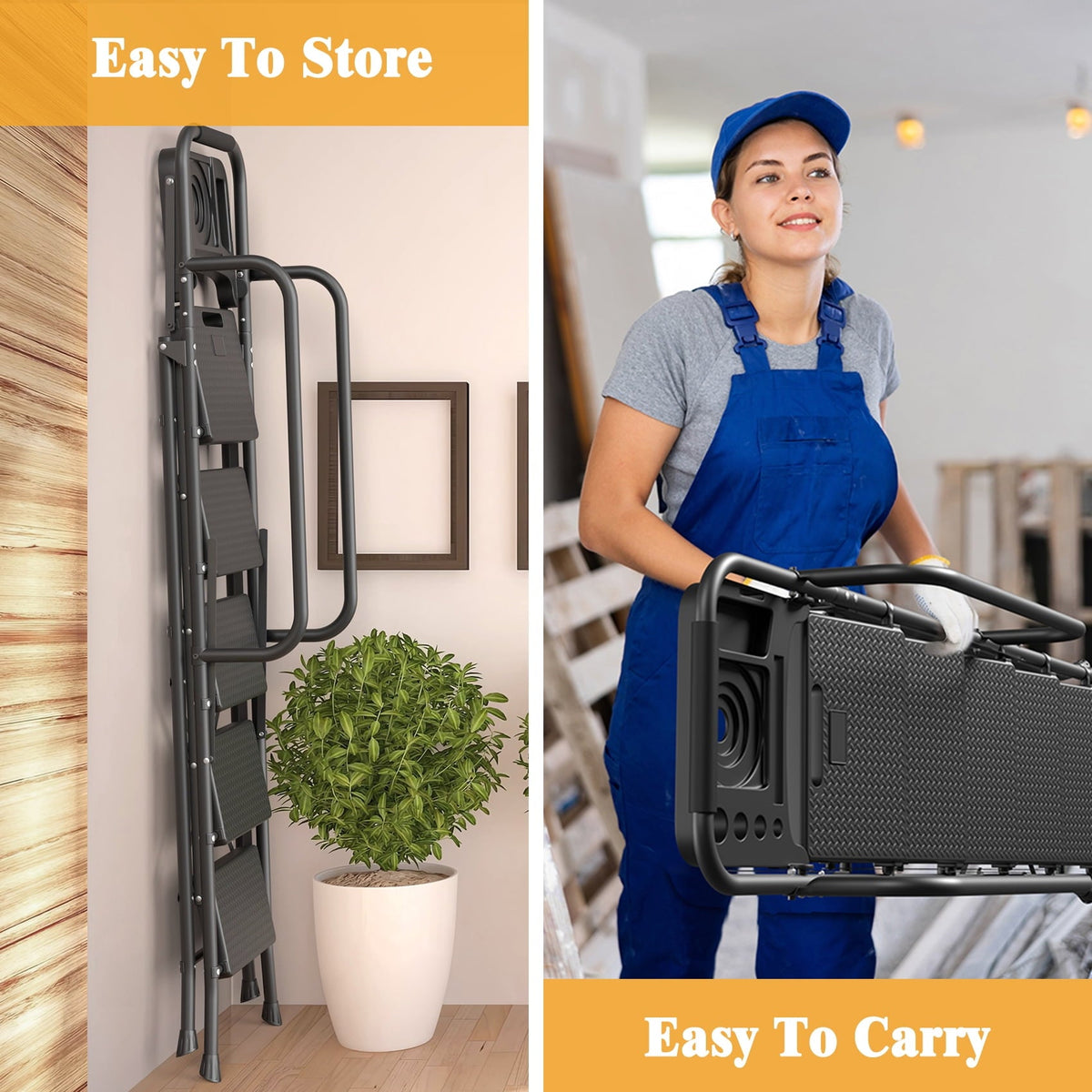 JOZ 5-Step Ladder, 800lbs Portable Folding Ladders for Home, with Handrails and Tool Tray and Anti-Slip Pedal, Black