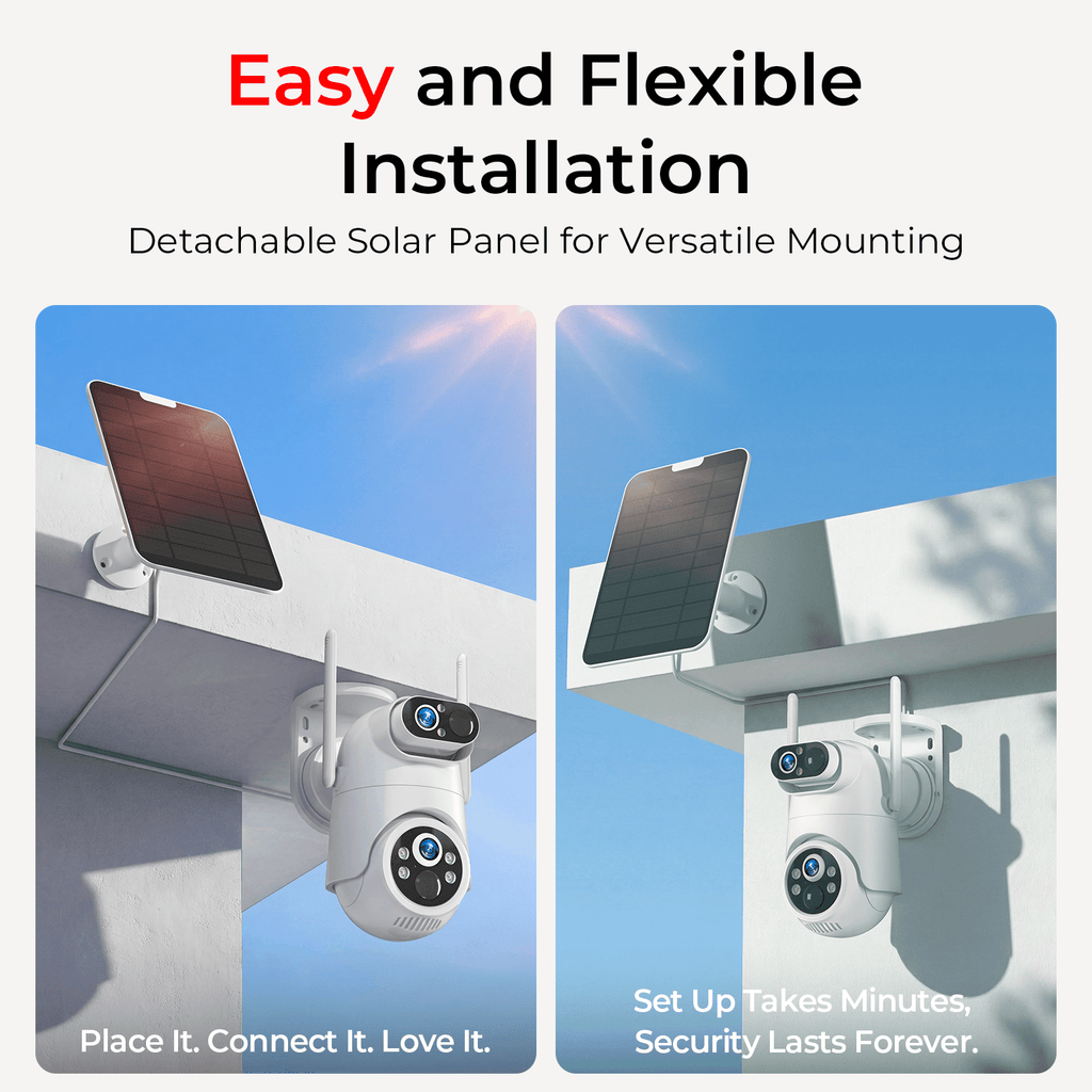 VividEye 4K Dual-Lens Solar Security Camera, 360° PTZ Surveillance security Cameras Wireless Wifi Outdoor, IP65 Waterproof PIR Detection, Full Color