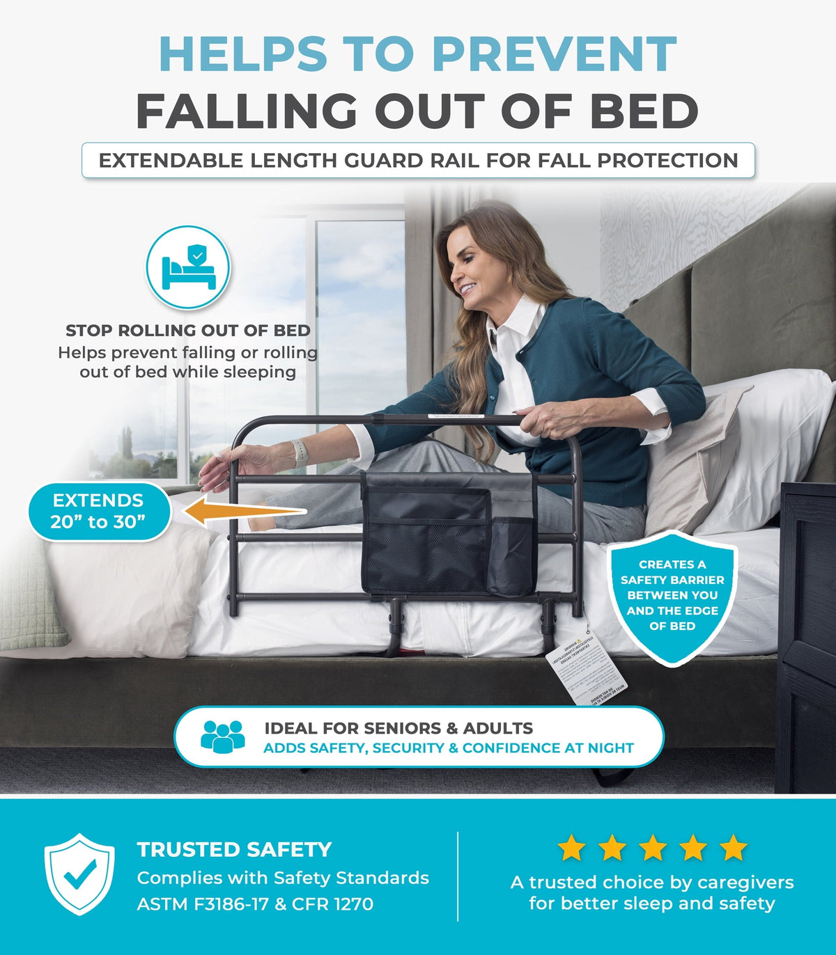 Stander Wonder EZ Adjust Bed Rail, Non-Pivoting Adjustable Bed Rail for Seniors and Safety Railing with Organizer Pouch, ASTM Safety Approved, Black