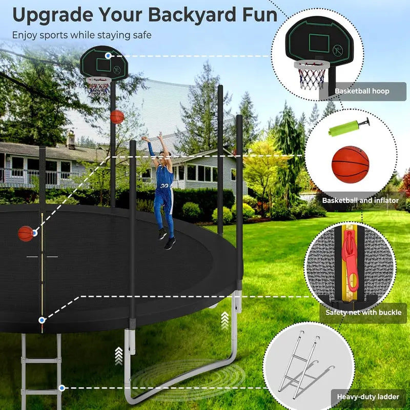 Trampoline With Enclosure Net And Adjustable Basketball Hoop - 8ft, 10ft, 12ft, 14ft, 15ft, 16ft