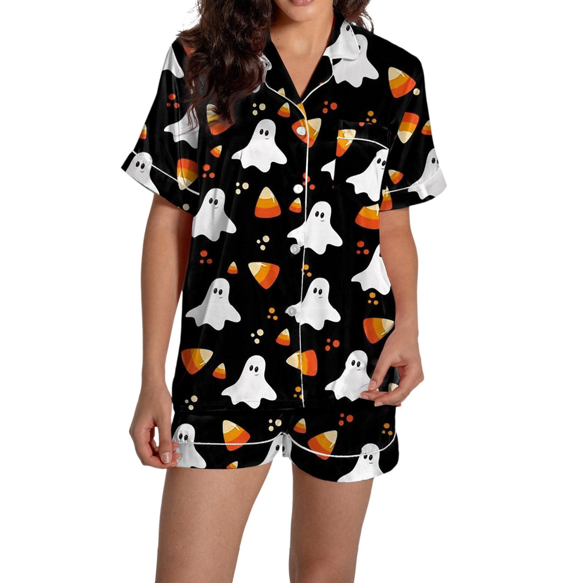 ChenYiFH Halloween Pajama Sets For Women 2 Piece Pumpkin Print Shirts And Pajamas Shorts Button Down Short Sleeve Sleepwear Black S
