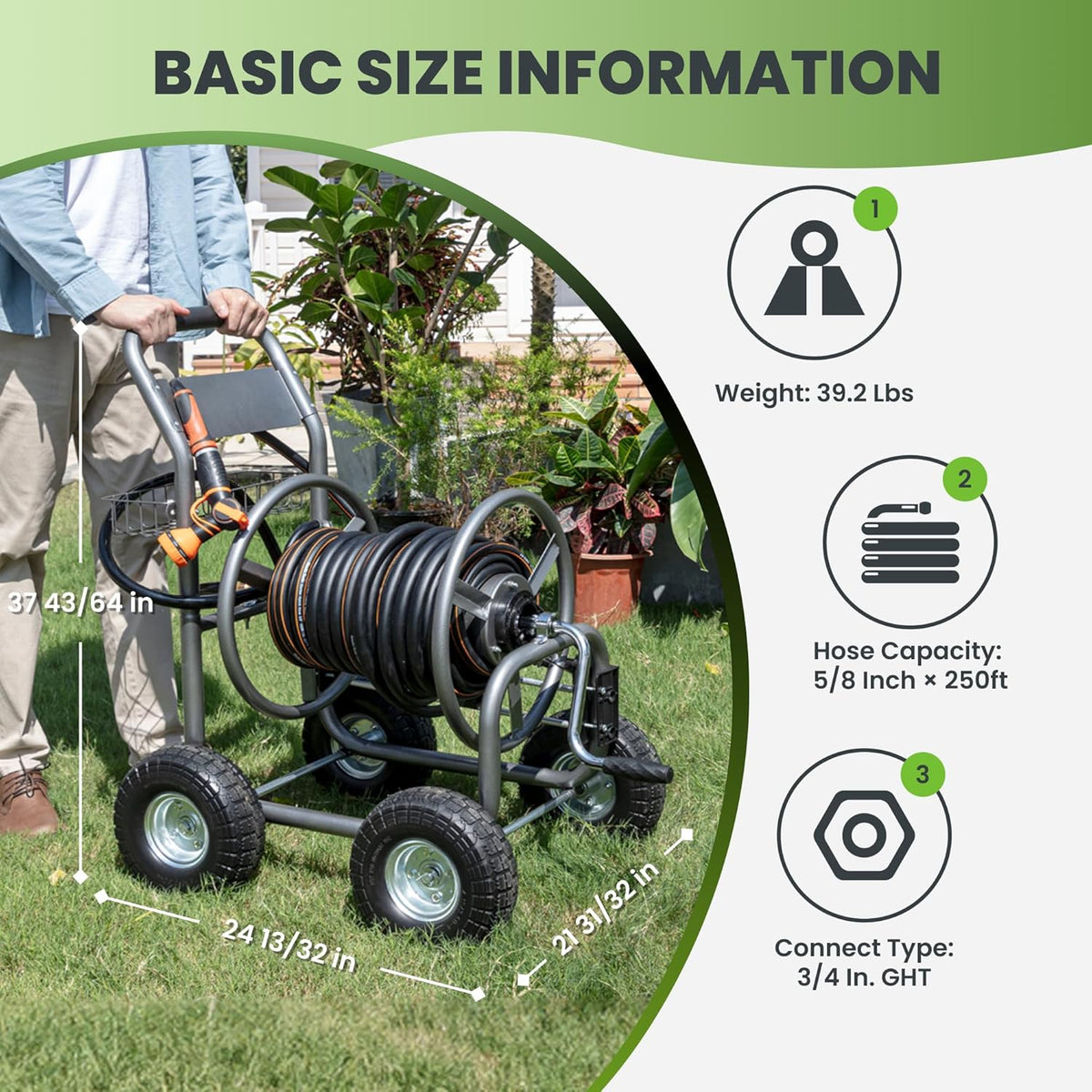 Giraffe Tools Heavy Duty Garden Hose Reel Cart With Wheels - 250-Feet 5/8-Inch Hose Capacity