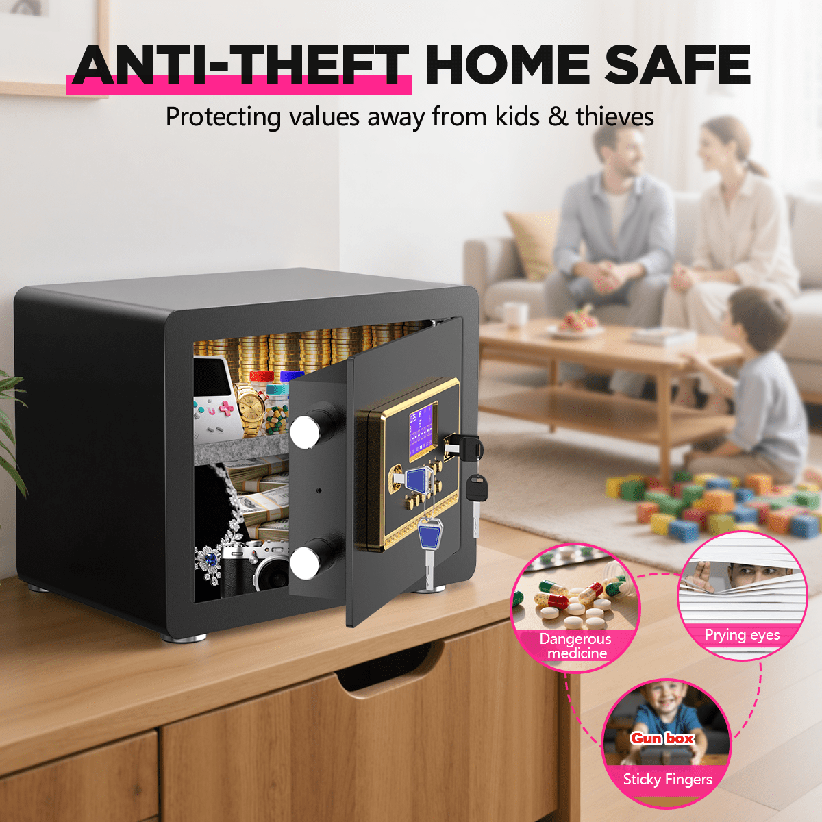 SYSENFO 1.5 Cuft Home Security Safe Box with Digital Keypad, Adjustable Shelf, Fireproof & Waterproof Bag