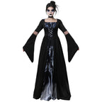 Dark Mage Hooded Robe for Women Halloween Witch Costume with Flared Sleeves & Fitted Bodice