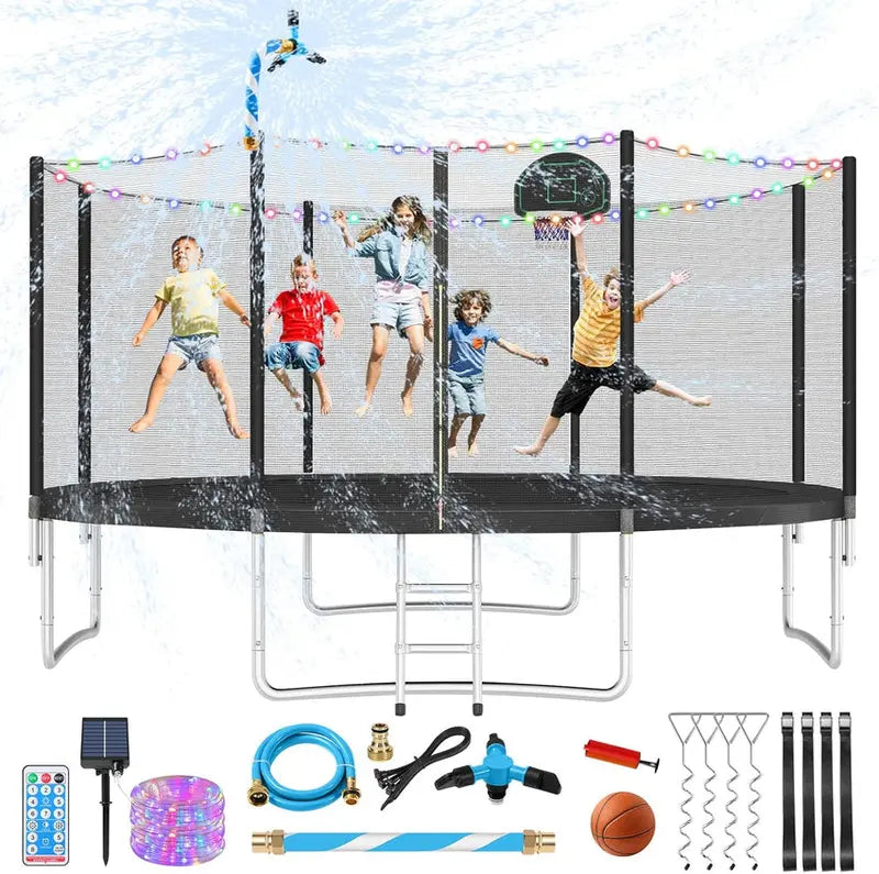 Trampoline With Enclosure Net And Adjustable Basketball Hoop - 8ft, 10ft, 12ft, 14ft, 15ft, 16ft