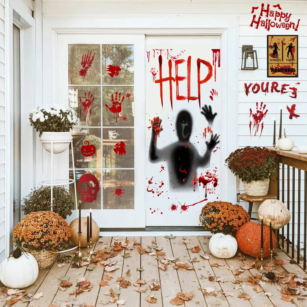 Toodour Halloween Bloody Window Clings Posters, Bloody Handprint Sticker Party Decoration for Haunted House Door Creepy School Dormitory Window