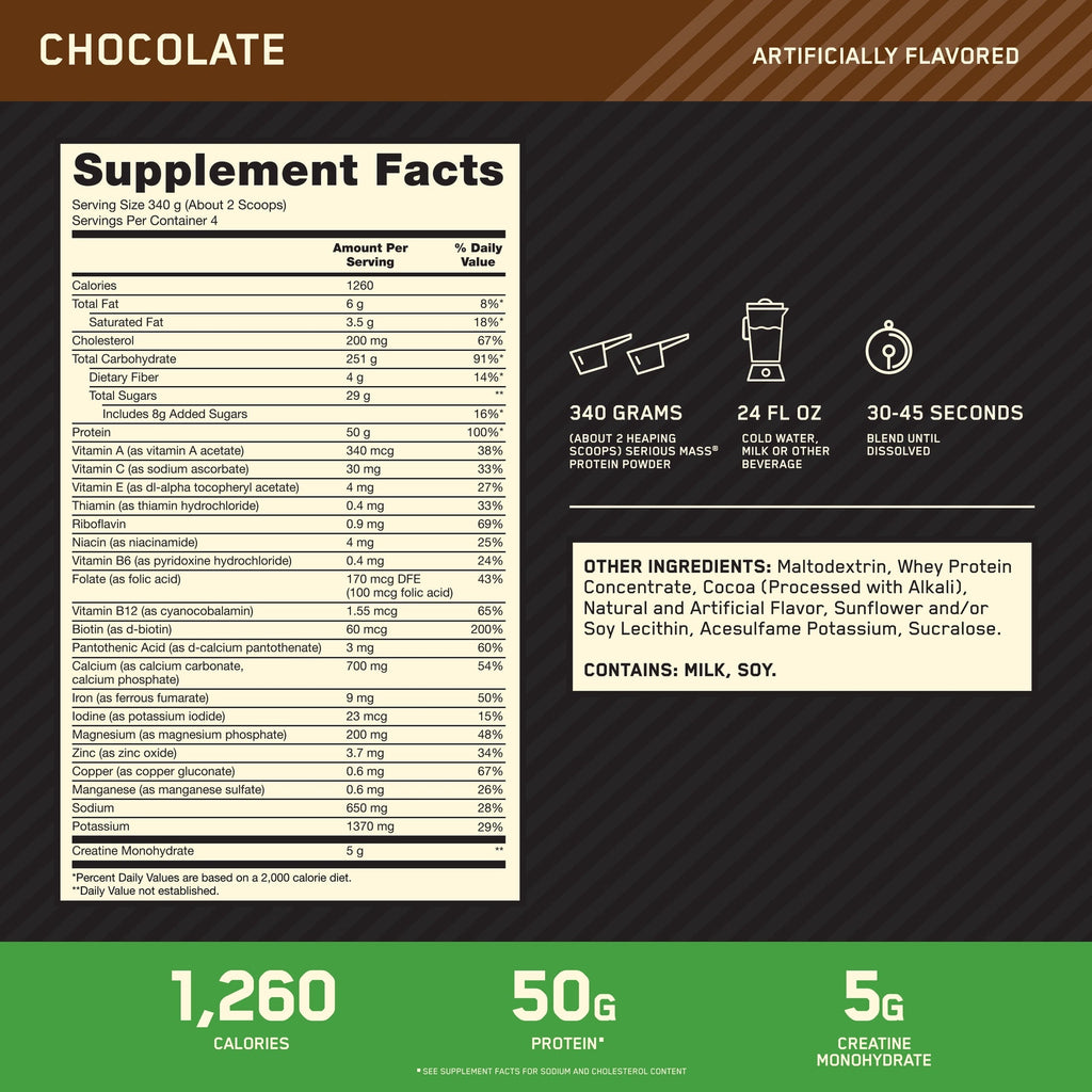 Optimum Nutrition Serious Mass, Chocolate, Weight Gainer Protein Powder, Mass Gainer, 3 lb