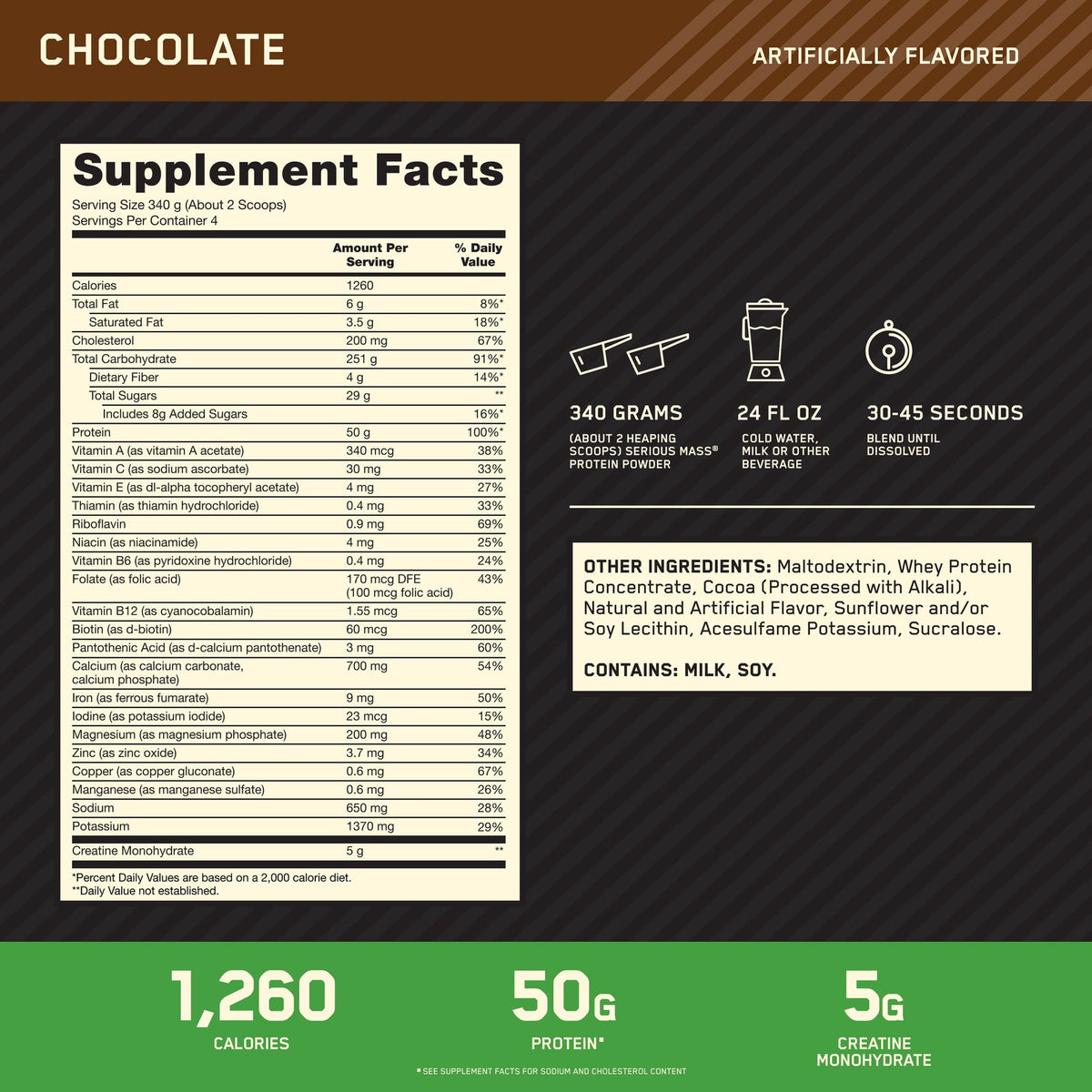 Optimum Nutrition Serious Mass, Chocolate, Weight Gainer Protein Powder, Mass Gainer, 3 lb