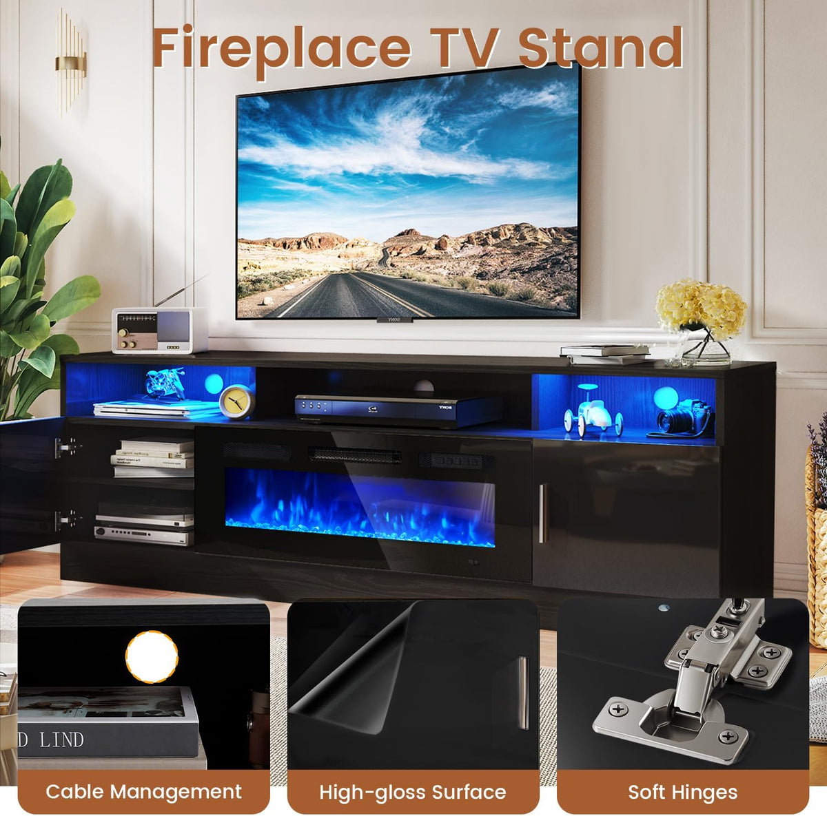 MXV 70-inch Electric Fireplace TV Stand With Power Outlet, LED Lights And Storage Cabinets - Black-Black