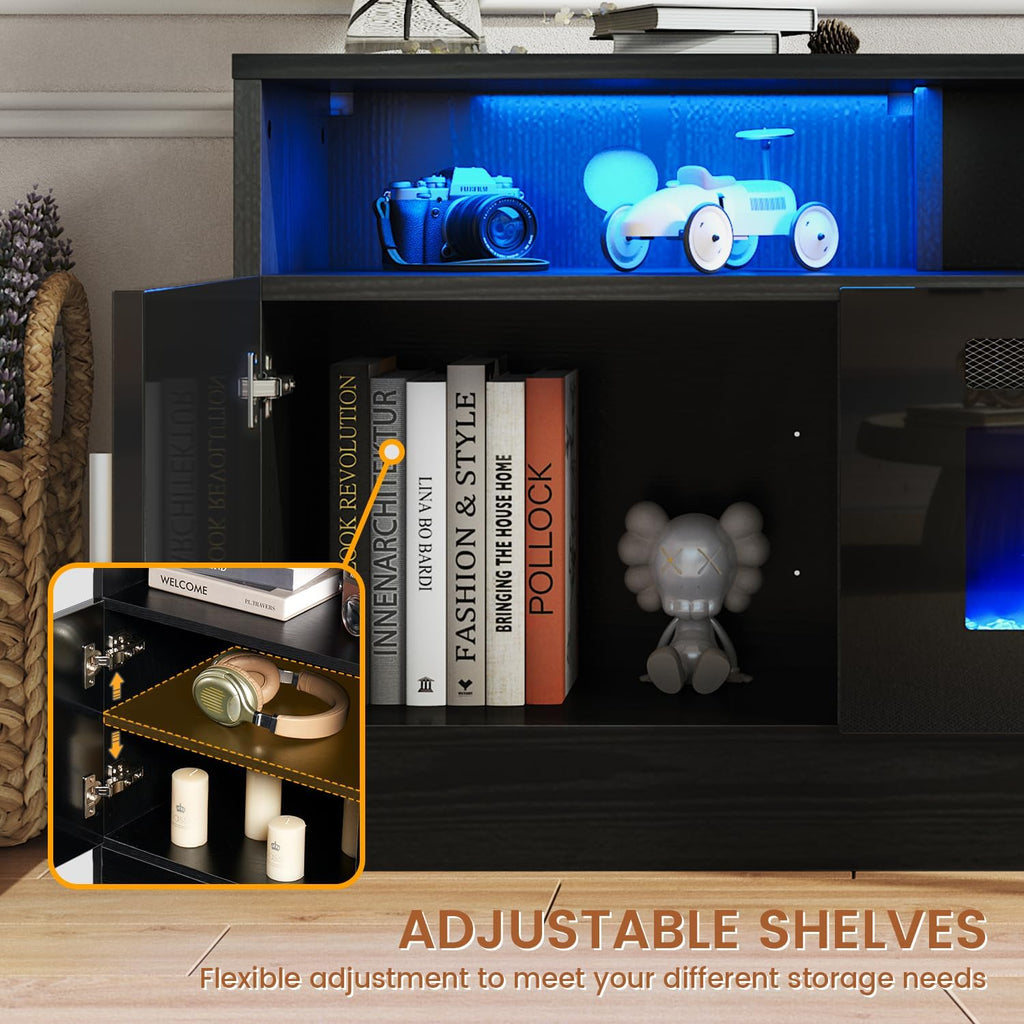 MXV 70-inch Electric Fireplace TV Stand With Power Outlet, LED Lights And Storage Cabinets - Black-Black