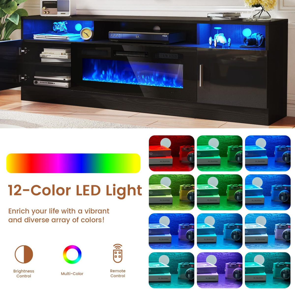 MXV 70-inch Electric Fireplace TV Stand With Power Outlet, LED Lights And Storage Cabinets - Black-Black