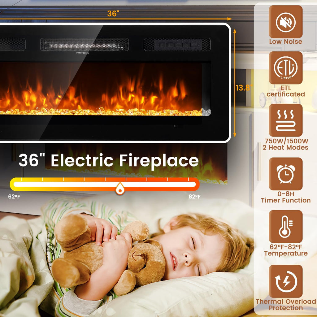 MXV 70-inch Electric Fireplace TV Stand With Power Outlet, LED Lights And Storage Cabinets - Black-Black