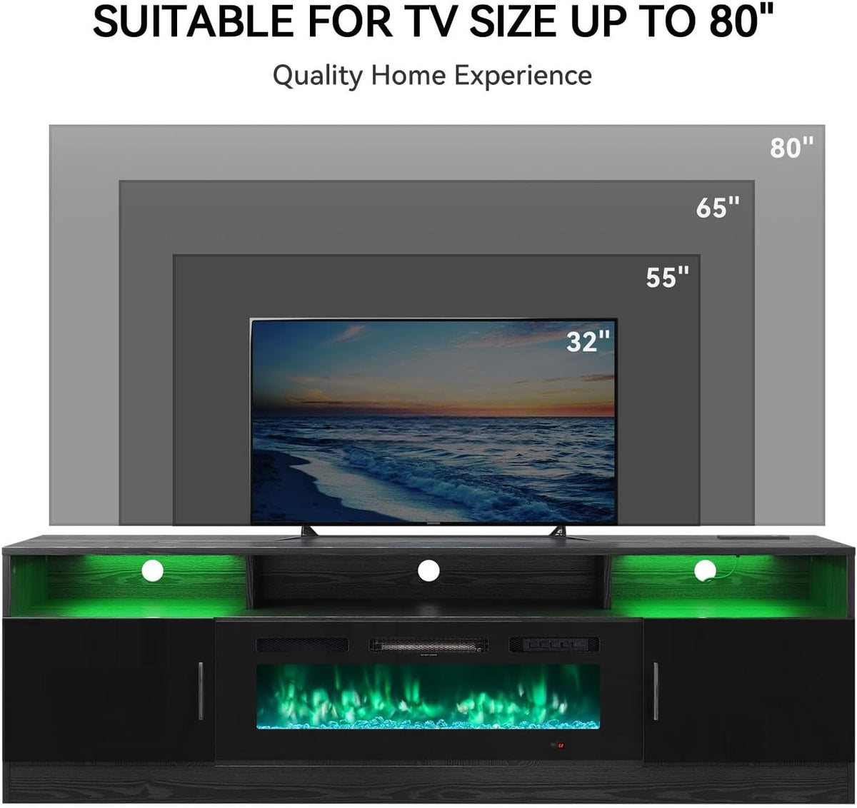 MXV 70-inch Electric Fireplace TV Stand With Power Outlet, LED Lights And Storage Cabinets - Black-Black
