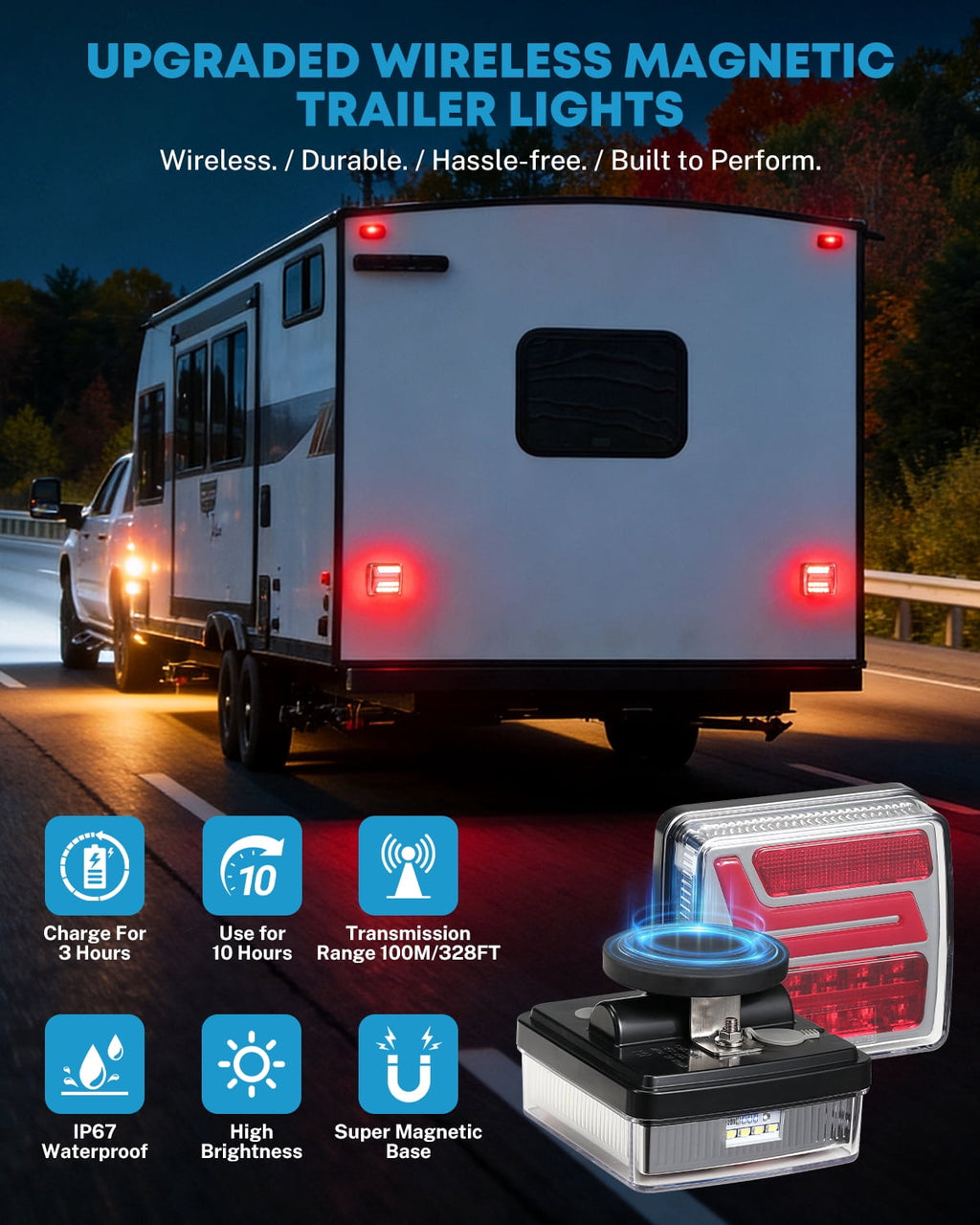 Kohree Wireless Trailer Lights Magnetic, 328 FT Signal Synchronization, Rechargeable Wireless Trailer Tow Lights LED Kit, IP67 Waterproof, 10-Hour
