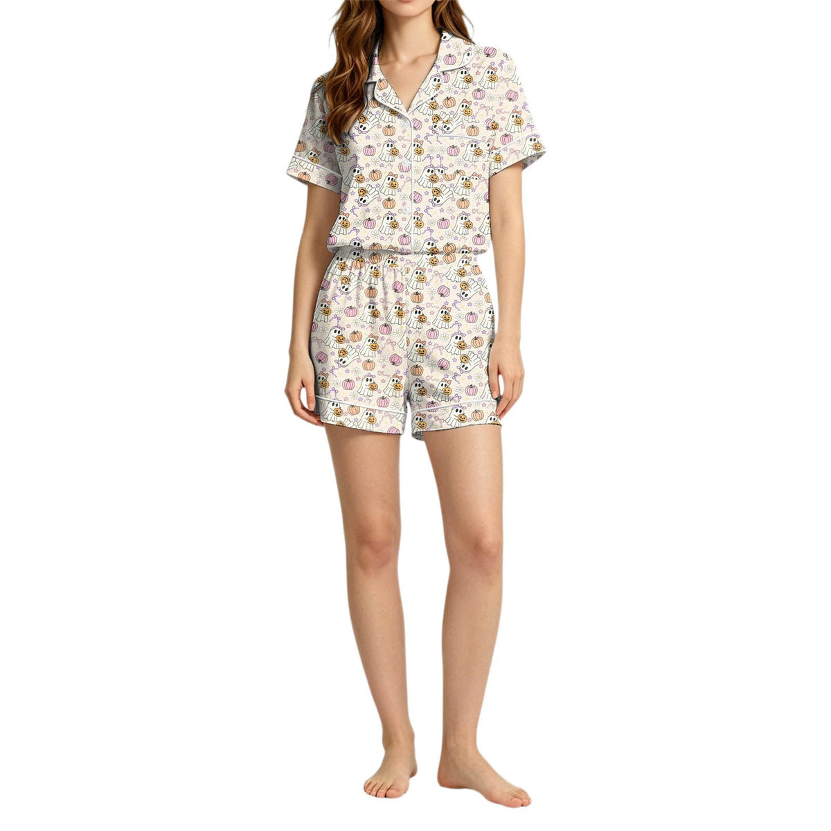 MEZZALL Women Halloween Printed Pajama With Lapel Collar Short Sleeve Tops And Shorts For Home Wear Cozy For Lightweight And Breathable Comfort Relaxed Fit 2 Piece Pjs