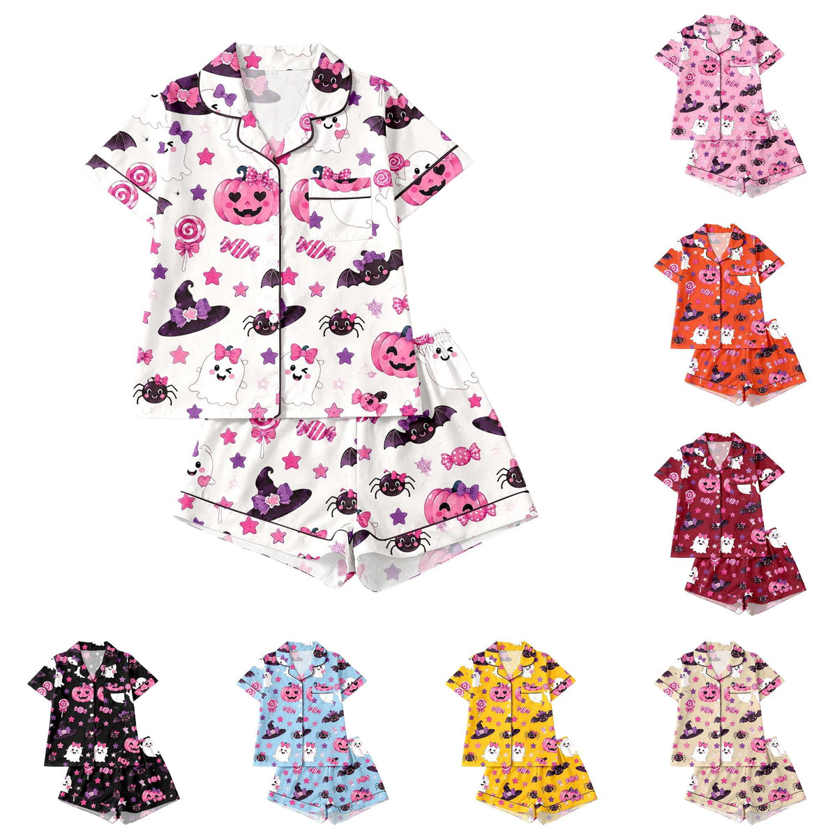 CUZIBR Girls Halloween Pajamas Sets Soft Comfortable Ghost Pumpkin Lapel Button Short Sleeve Shirt Elastic Waist Shorts 2 Pieces Sleep Loungewear Relaxed Sleepwear Outfits, Orange-C