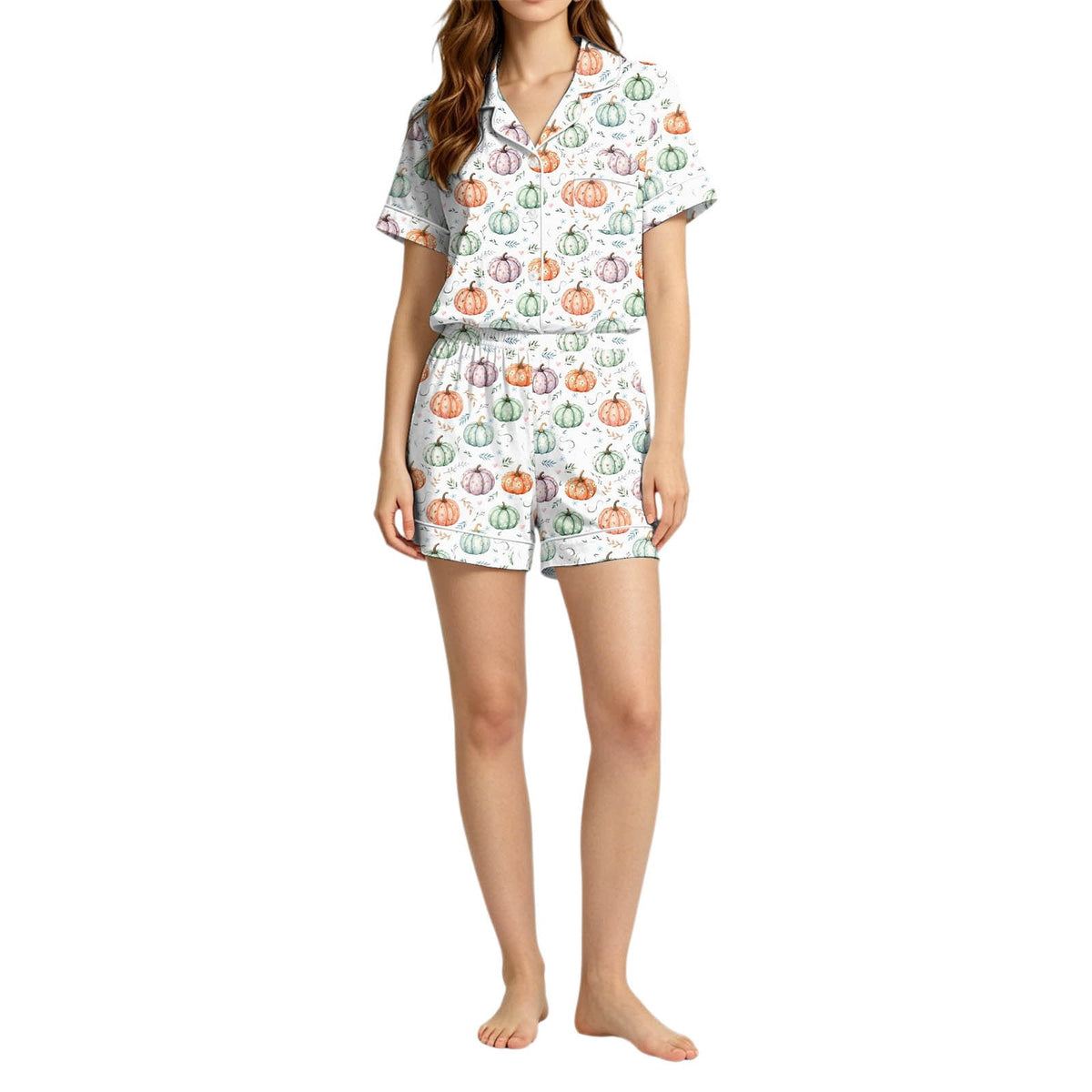 MEZZALL Women Halloween Printed Pajama With Lapel Collar Short Sleeve Tops And Shorts For Home Wear Cozy For Lightweight And Breathable Comfort Relaxed Fit 2 Piece Pjs